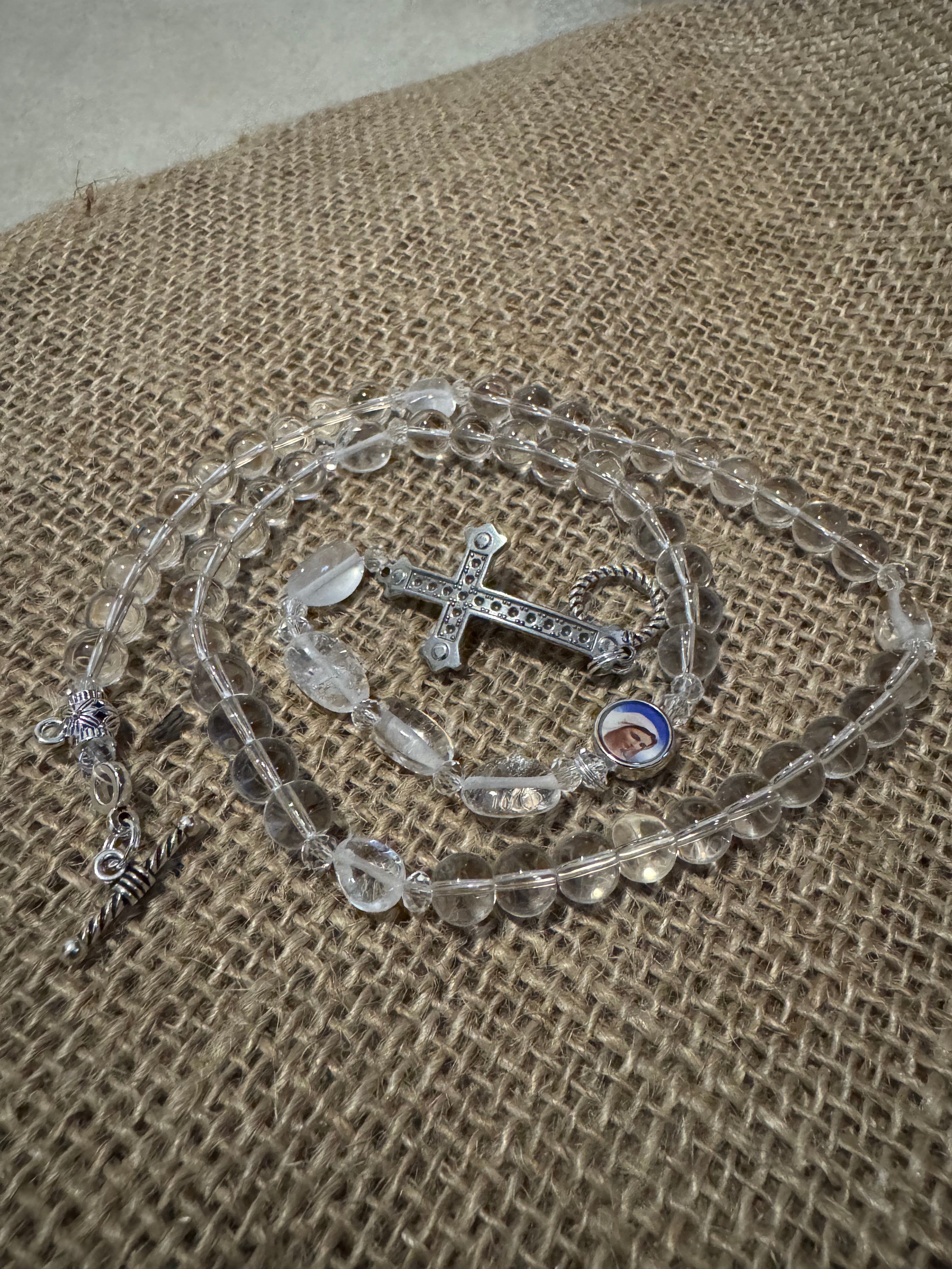 Clear White Crystal Rosary Necklace