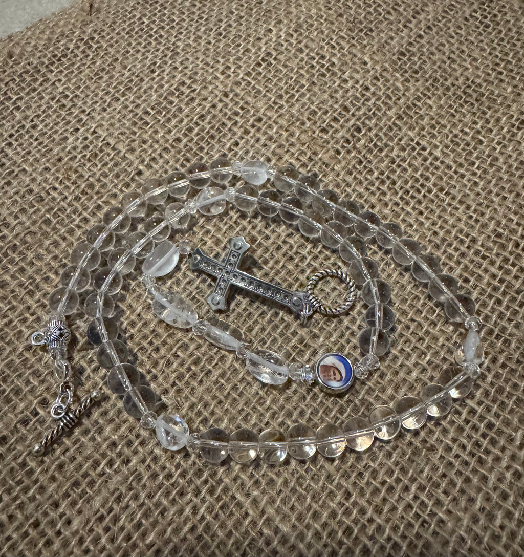 Clear White Crystal Rosary Necklace