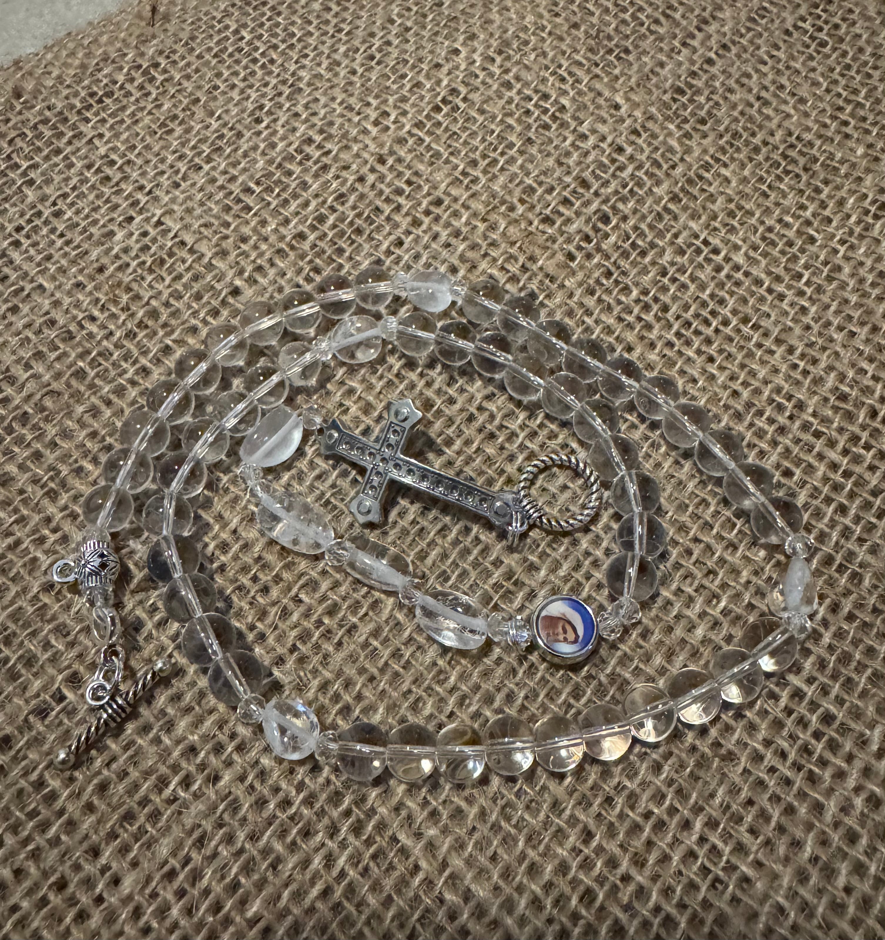 Clear White Crystal Rosary Necklace