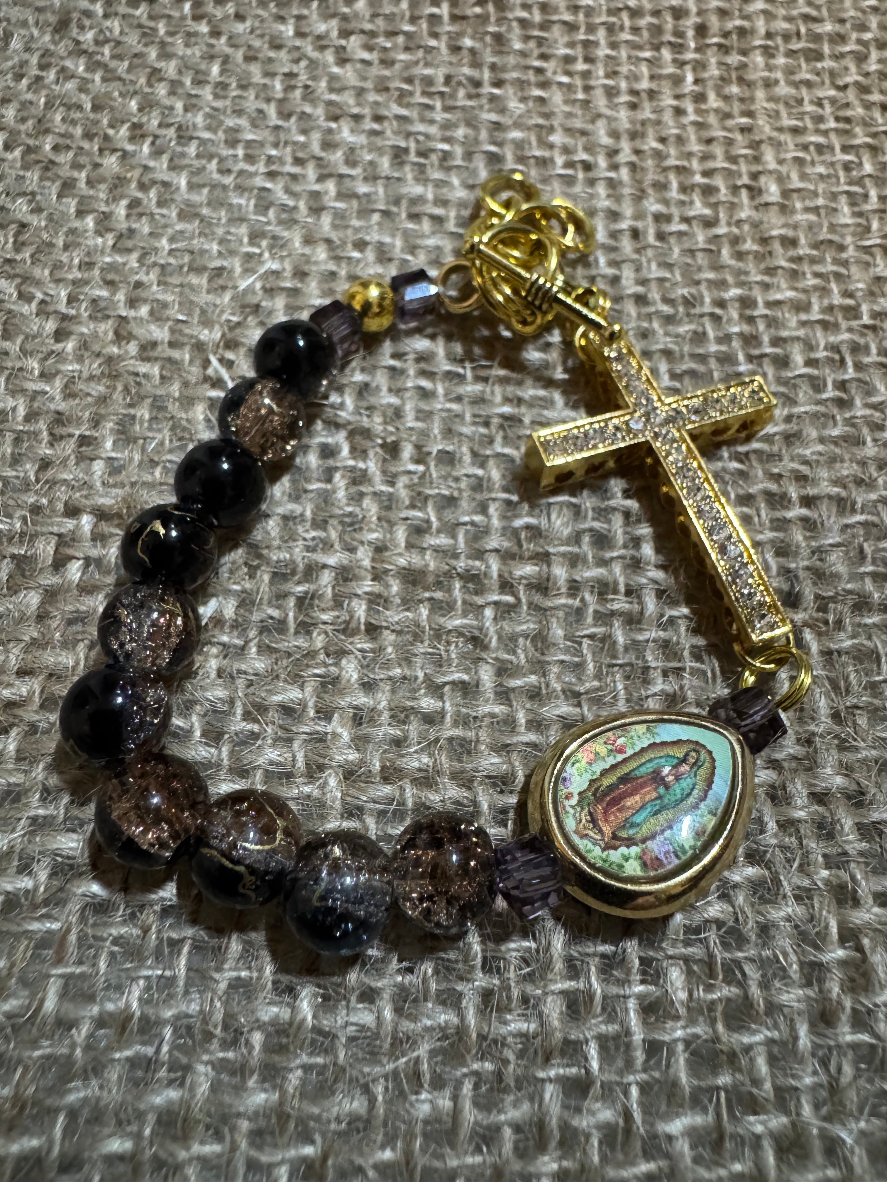 Black and Gold Agate Rosary Bracelet