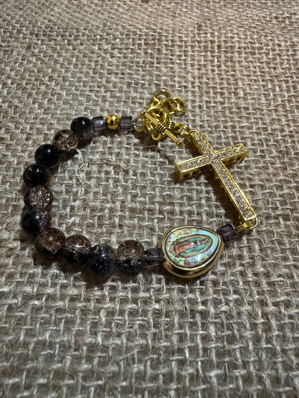 Black and Gold Agate Rosary Bracelet