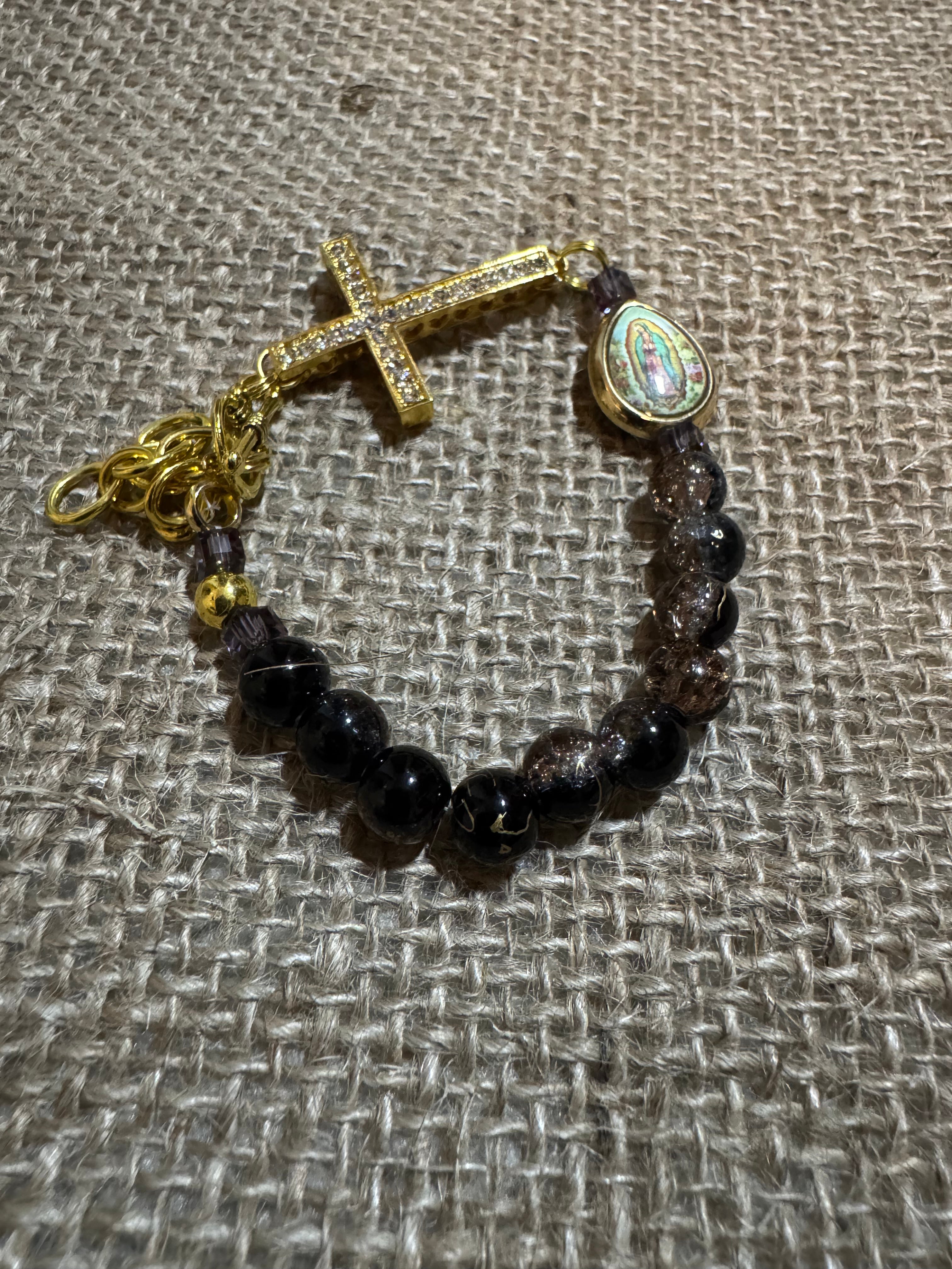 Black and Gold Agate Rosary Bracelet