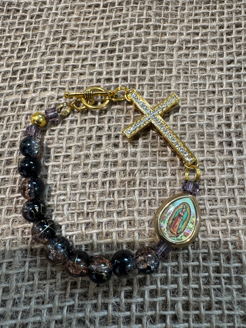 Black and Gold Agate Rosary Bracelet