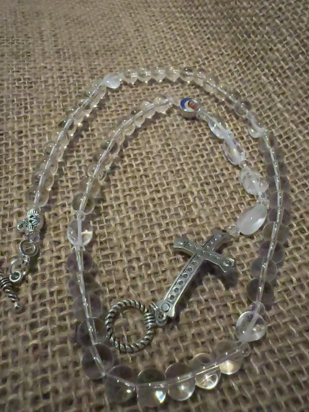 Clear White Crystal Rosary Necklace
